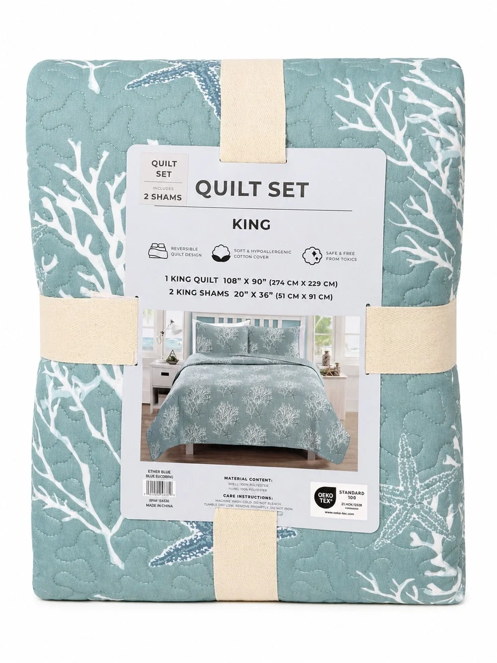 Linery King Coral Starfish Reversible Quilt Set Ether Blue 3 Piece New